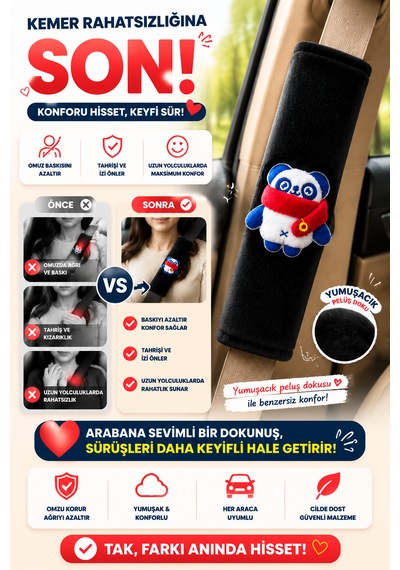 Panda Siyah Emniyet Kemeri Aksesuarı - Emniyet Kemeri Kılıfı-araç Emniyet Kemeri Omuz Koruyucu 1 Adet