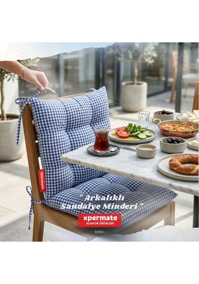 Pötikare Arkalıklı Sandalye Minderi Bağcıklı Mutfak Balkon Bahçe Minderi Mavi