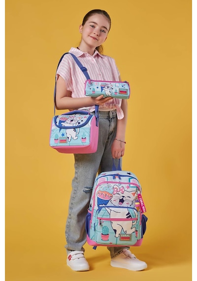 Coral High Kids Turkuaz Pembe Dondurmalı Kedi Desenli 3 Lü Okul Çanta Seti Set0123751