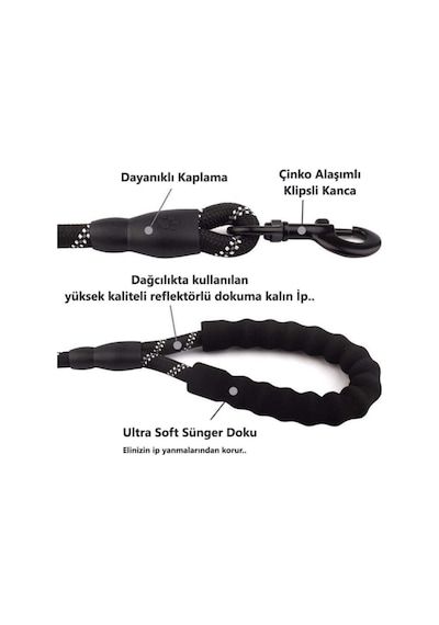 Köpekler İçin Gezdirme Tasması Reflektörlü 130 Cm Halat Orta Ve Büyük Boy Köpekler İçin Siyah