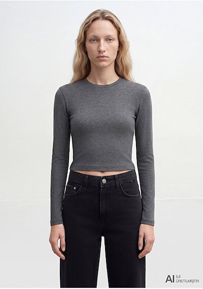 Mavi Uzun Kollu Antrasit Crop Basic Tişört Crop / Kısa Kesim 1612822-8 Gri