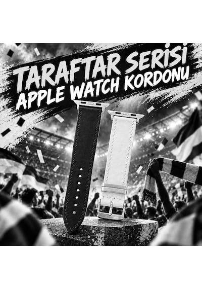 Goldoni Apple Watch Uyumlu Siyah Beyaz Hakiki Deri Taraftar Kordonu Metal Köprülü