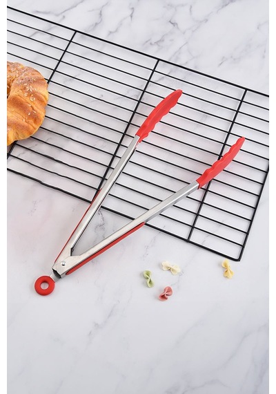 Çelik Silikon Maşa 33 Cm Kırmızı Mutfak Biftek Barbekü Salata Ekmek Maşası Mt145