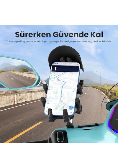 Bix Bmph05 Ayna Bağlantılı Güneş Ve Yağmur Korumalı 360 Ayarlanabilir Motosiklet Telefon Tutucu Siyah