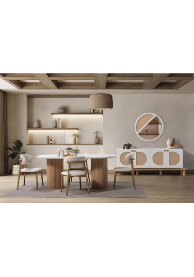 Narven Bohem Natural Ahşap Masa Sandalye Takımı 90x180 Meşe - Beyaz