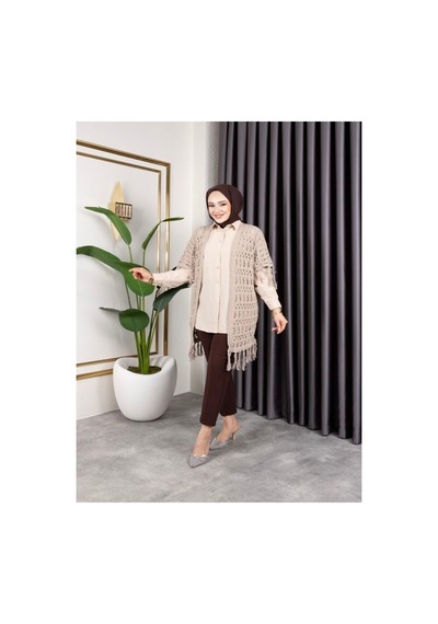 Hira Life Fashion Kadın Mevsimlik Saçaklı Ve Ajurlu Pamuk Triko Hırka Bej Bej