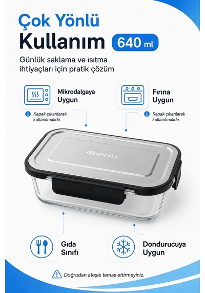 640 Ml Kilitli Cam Saklama Kabı İnoks Kapaklı Yemek Ve Kahvaltılık Kabı Şeffaf