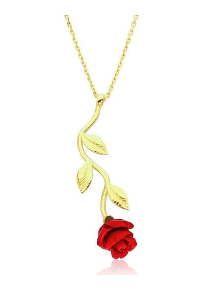 Gümüş Gold Kırmızı Gül Kolye