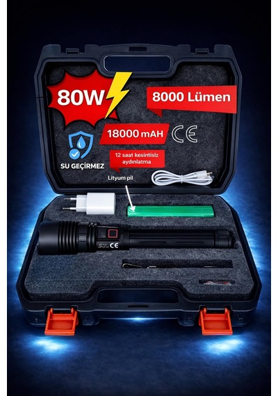 Tr 80w 8000 Lümen Zoomlu Şarjlı El Feneri, 18000 Mah Powerbank, Siyah