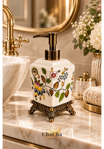 Chacha Home Aurelia Seramik Sıvı Sabunluk 470 Ml Antik Bronz Görünümlü Ayaklı Ve Pompalı 22 Cm Çok Renkli