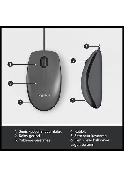 Logıtech 910-006652, M100 Siyah, Usb Kablolu, 1000dpi, Optik, 3 Tuşlu, Mouse Diğer