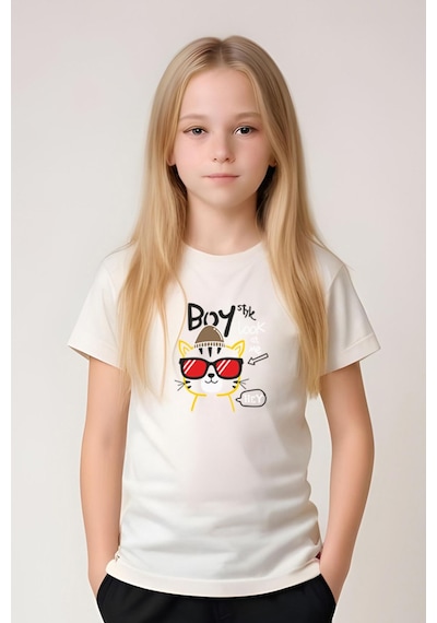 Fyk Kids Kız Çocuk Yuvarlak Yaka Baskılı Boy Cat Alt-üst Pijama Takımı Ekru