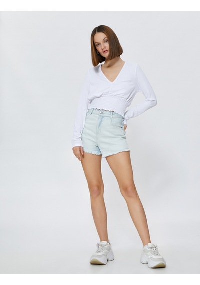 Koton Gipeli Crop Bluz V Yaka Uzun Kollu Beyaz 3sak80105ek