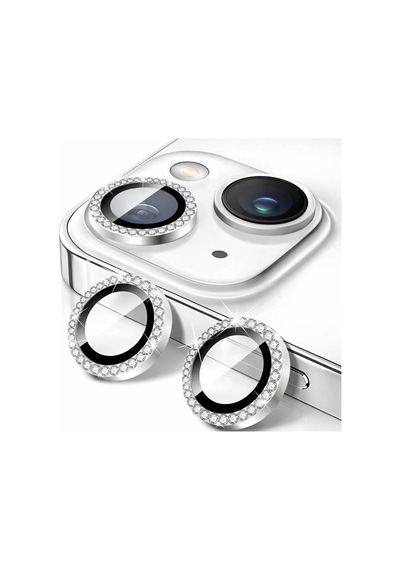 İphone 13/13 Mini İle Uyumlu Yüksek Kalite Parlak Elmas Desenli Taşlı Gümüş Özel Tasarım Kamera Lens Koruyucu İdb-91