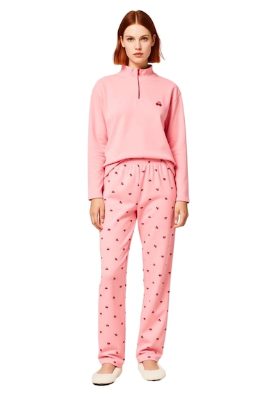 Ersefa Kadın Kiraz Desenli Fermuarlı Waffle Pijama Takımı Uzun Kollu Fon Pembe