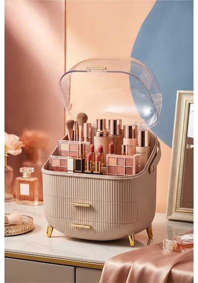 Makri Home Cappuccino Renk Kapaklı Makyaj Organizeri 3 Katlı, Şeffaf Kubbeli, Çekmeceli Düzenleyici Cappuccino