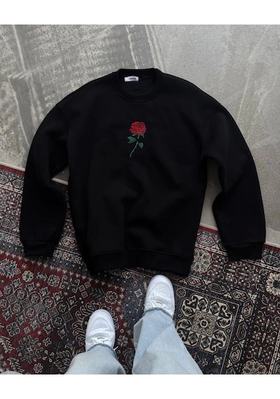 Etiler Collection Oversize Üç İplik Bisiklet Yaka Baskılı Sweatshirt - Siyah