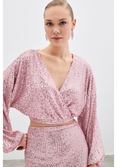 Sateen Payetli Kruvaze Bluz - Pudra-135412 Pudra