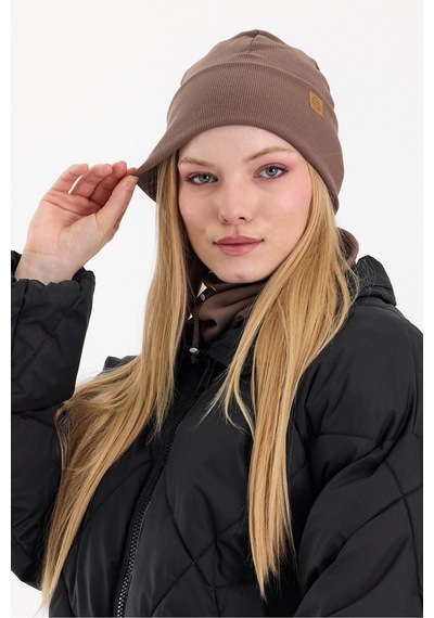 Butikgiz Kadın Balıkçı Style Pamuklu Kaşkorse Terletmez Ultra Hafif Yumuşak Bere Boyunluk Takım Kahverengi