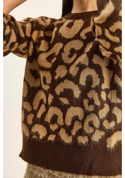 Shade Kadın Leopar Desenli Bisiklet Yaka Şardonlu Basic Triko Kazak 60285010 - Kahverengi-camel Çok renkli