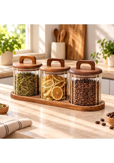 3'lü 600 Ml Akasya Kapaklı Cam Erzak Kavanozu Seti Ahşap Standlı Diğer