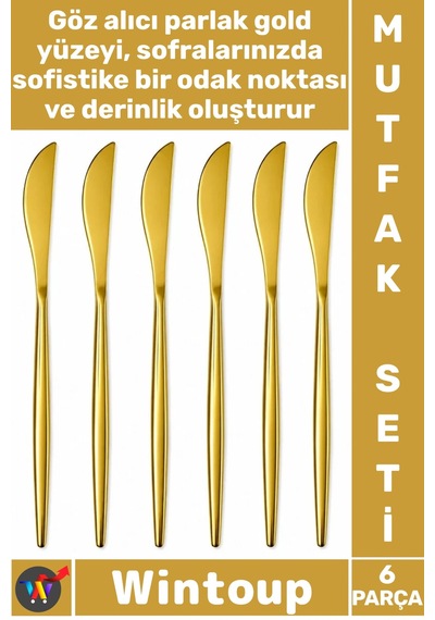 Bıçak Lüks Parlak Tasarım Şık Sofra Sunum 21 Cm Paslanmaz Çelik Gold Renk 6 Parça Yemek Bıçağı Seti