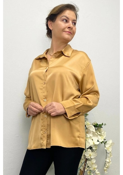 Mia Butik Kadın Camel Saten Gömlek Camel