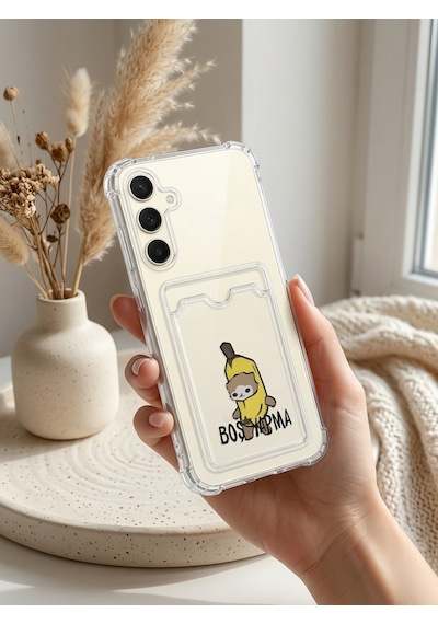 Samsung Galaxy Uyumlu - S24 Fe Boş Yapma Muz Detaylı Kart Bölmeli Şeffaf Telefon Kılıfı Çok Renkli