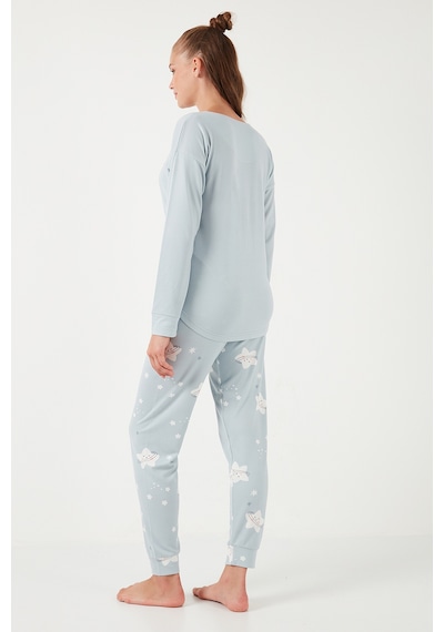 Lela Streç Standart Fit Bisiklet Yaka Desenli Bayan Pijama Takımı 6095700 Açık Gri