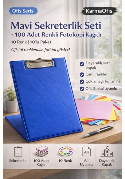 Mavi Sekreterlik Seti + 100 Adet Renkli A4 Fotokopi Kağıdı Dayanıklı Kapak, Çok Amaçlı Kullanım