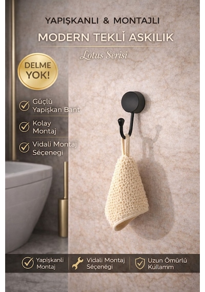 Alper Banyo Mat Siyah Solo Havlu Kağıdı Askısı, Yapışkanlı Ve Vidalı Montaj