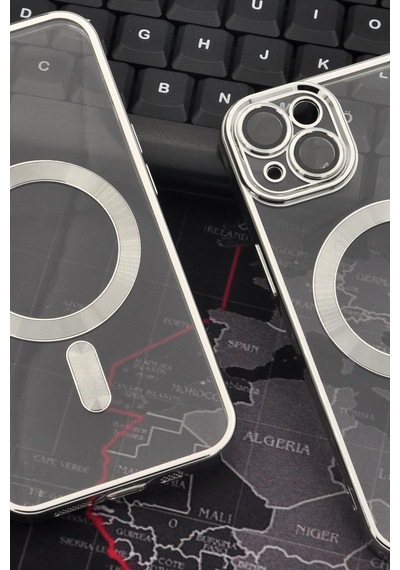 Apple Uyumlu iPhone 14 Magsafe Özellikli Gümüş Gri Silver Renkli Kenarlı Lazerli Şeffaf Kılıf Lens Korumalı