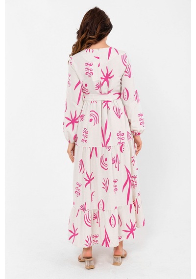 Pastelastore Desenli Yazlık Baharlık Keten Elbise 2103 Pembe