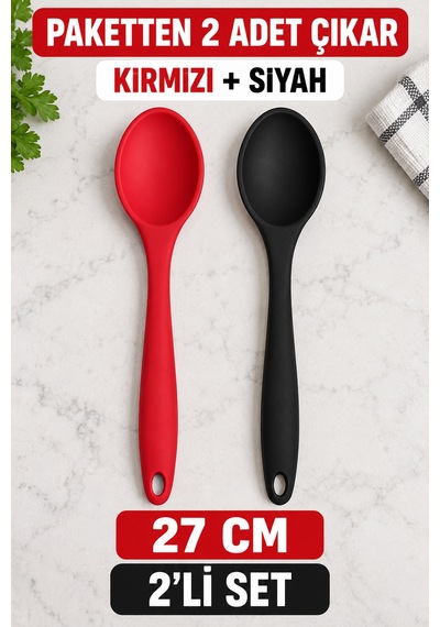2'li Set Kırmızı Siyah Büyük Boy Silikon Kaşık 27 Cm Mutfak Yemek Pişirme Ve Servis Kaşığı 2 Adetlik
