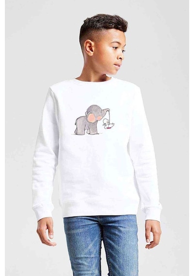 Tshirthane Sevimli Fil Tavşan Salıncak Baskılı Unisex Çocuk Beyaz Sweatshir