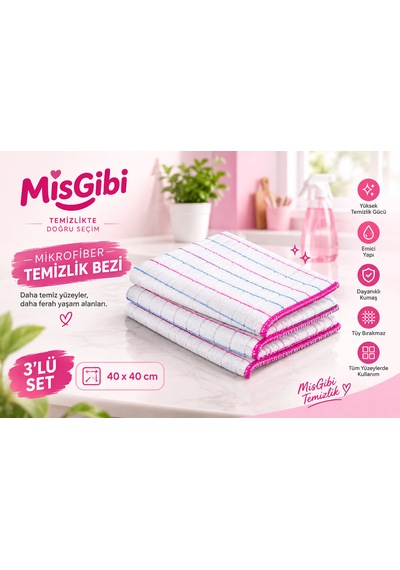 Misgibi Profesyonel 3'lü Mikrofiber Temizlik Bezi Kareli Doku, Güçlü Emicilik, İz Ve Tüy Bırakmayan Çok Amaçlı Bez Beyaz