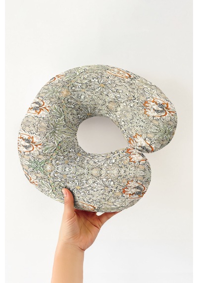 Vintage Çiçek Desenli Ergonomik Boyun Yastığı - Klasik Botanik Bej Turuncu Seyahat Yastığı Çok Renkli