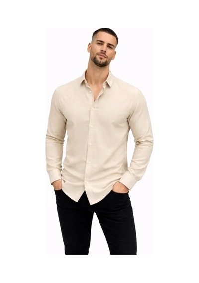 Etiler Collection Erkek Keten Kumaş Oversize Uzun Kollu Rahat Kalıp Gömlek - Bej