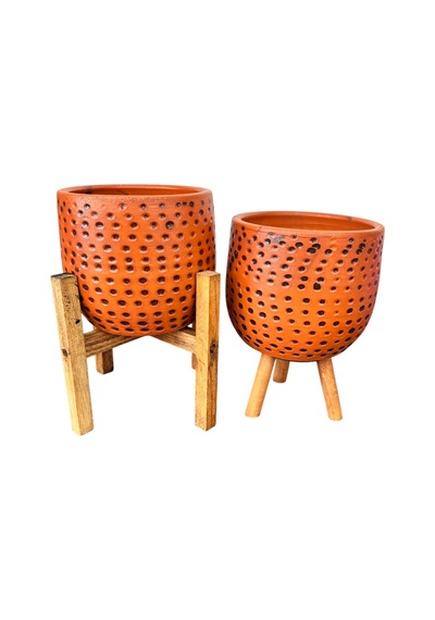 Bitki Tasarımı Siyah Nokta Desenli Terakota Saksı & Saksılık Dekoratif Salon Çiçekliği 3-4 Ayaklı 15 Cm