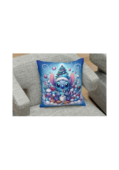 Yeniyıl Noel Temalı Stitch Mavi Desenli Yastık Kılıfı Çok Renklı