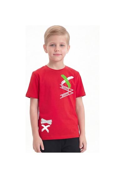 Panios Kids White Yazı Baskılı Yuvarlak Yaka Kısa Kollu Erkek Çocuk Yazlık Tişört Kırmızı