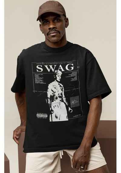 Sevbano Tasarım Justin Bieber Swag Şarkıcı Baskılı Unisex Oversize Tişört Siyah