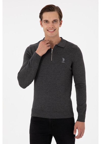 U.S. Polo Assn. Erkek Slim Fit Yarım Fermuarlı Antrasit Melanj Basic Kazak 50297066-VR081