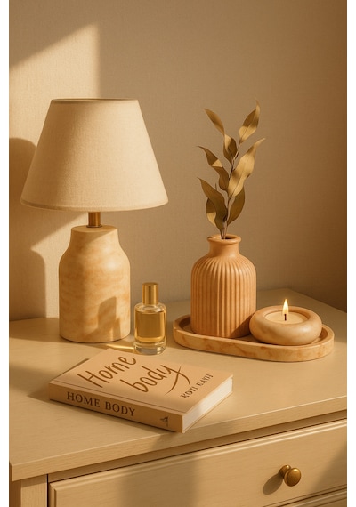 Seramik Vazo, Tealight Mumluk Ve Dekoratif Tepsi Seti - Beyaz Minimal Tasarım