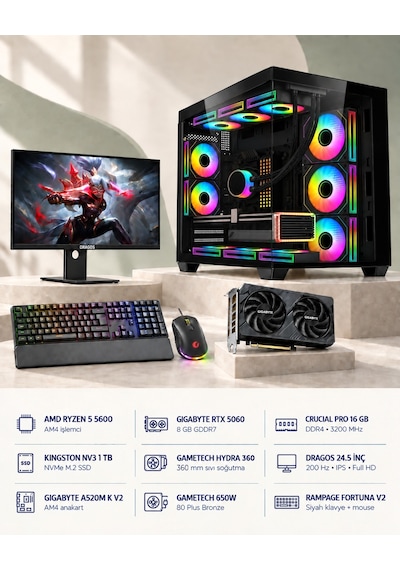 Symoon SYMOONPC0122 R5-5600 8 GB 16 GB 1 TB SSD RTX5060 24.5" Dos Masüstü Oyuncu Bilgisayarı