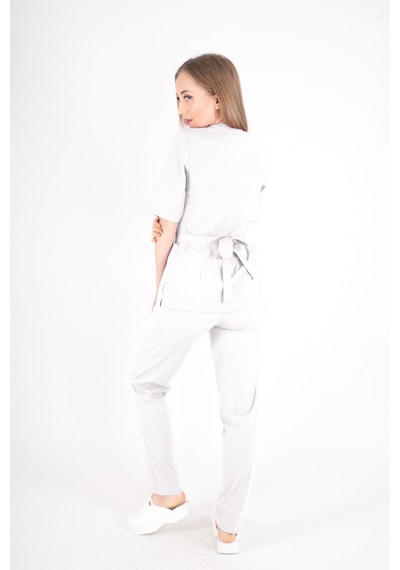 Beyaz Elegant Model Cerrahi Üniforma Belden Bağlamalı Scrubs Takım Beyaz