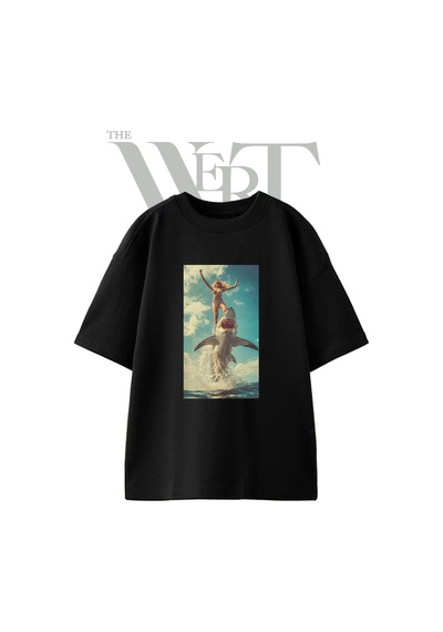 Thewert Woman Shark Tasarım Baskılı Ünisex Siyah Oversize T-shirt