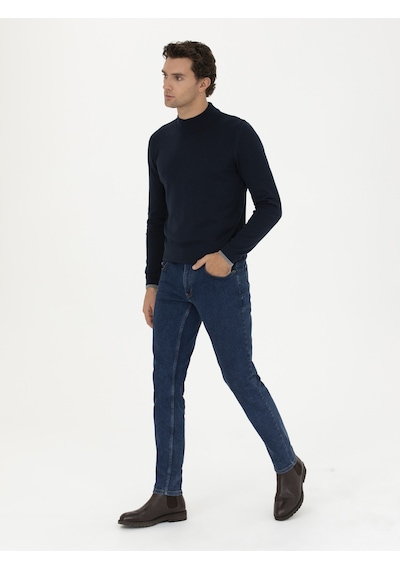 Cacharel Lacivert Slim Fit Pamuk Karışımlı Yarım Balıkçı Basic Triko Kazak
