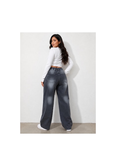 Kene Jeans Kemer Lastik Detaylı Füme İşlemli Battal Boru Paça Jeans Pantolon Füme İşlemli