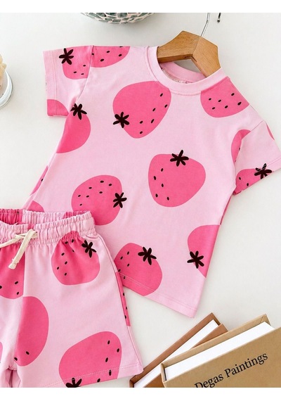 Magu Kız Çocuk Pamuklu Pembe Çilek Desenli T-shirt Şort Takım